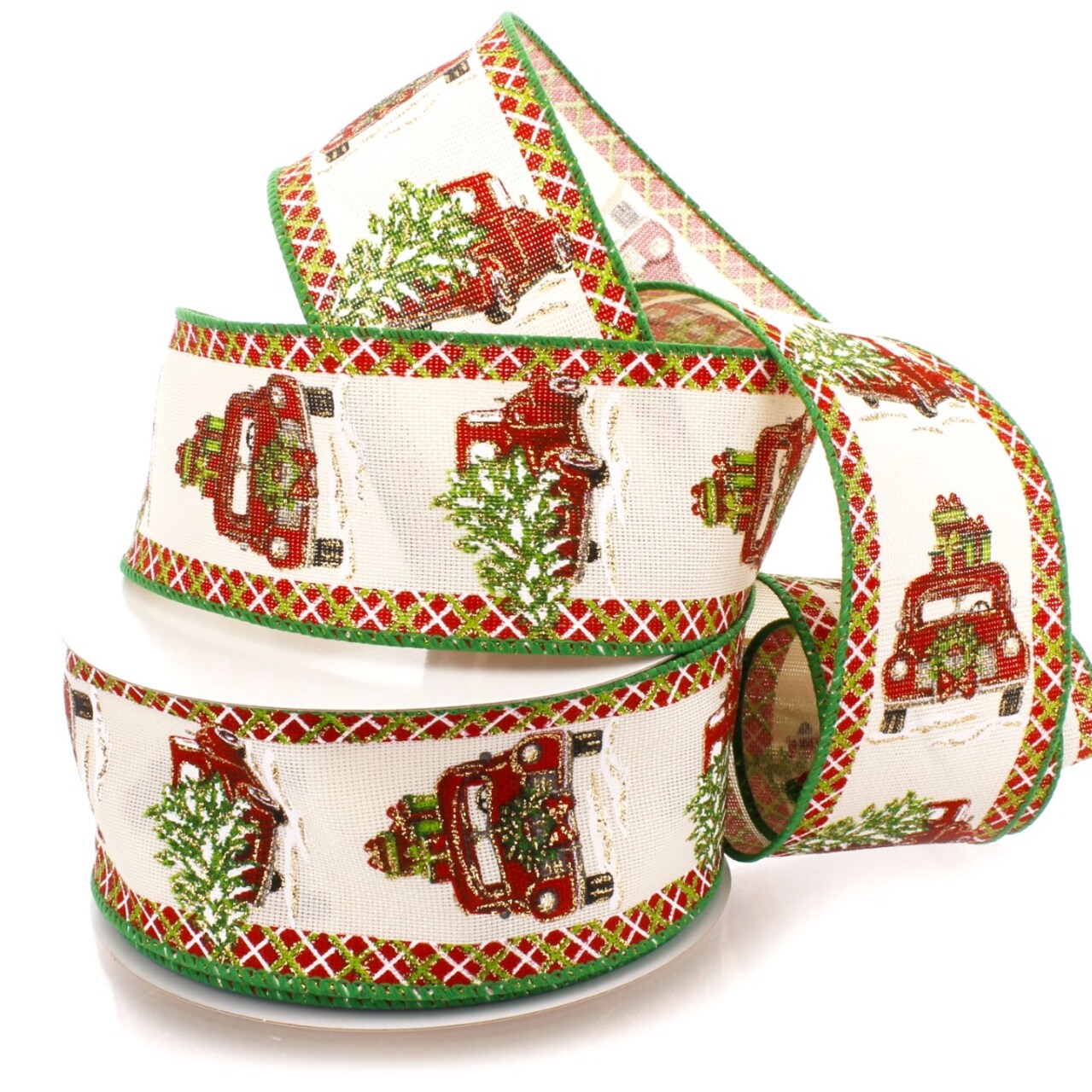 2 1/2" Wired Ribbon Christmas Red Truck with Wreath - 10 Yards